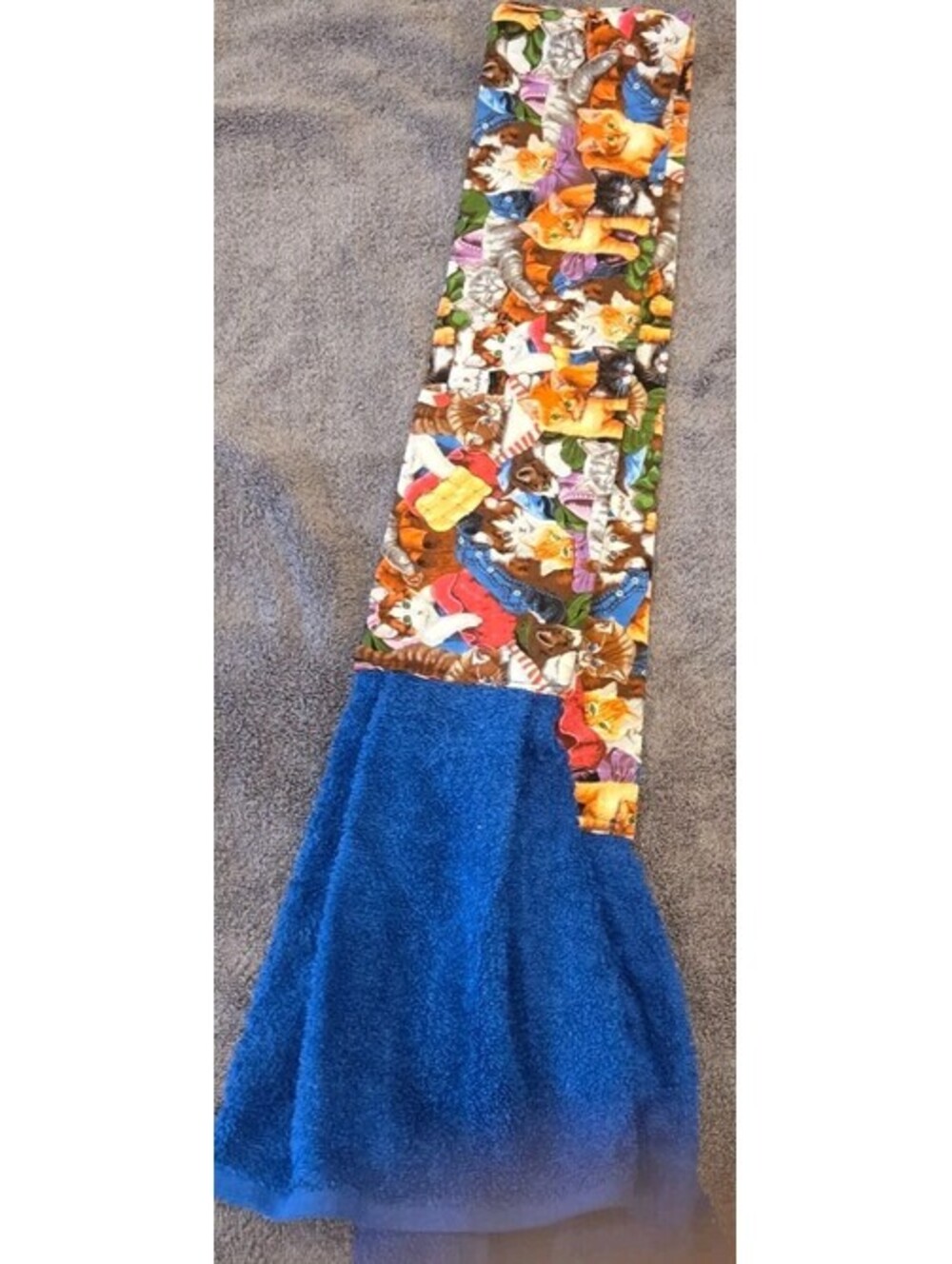 Handmade Cat Themed Hanging Kitchen Towel Blue White 100% Cotton Snap Closure